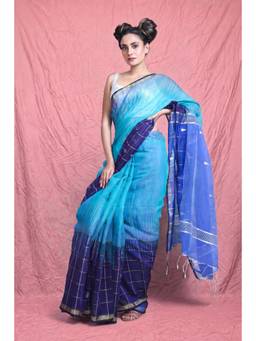 CHARUKRITI - Blue Woven Cotton Blend Saree with Unstitched Blouse