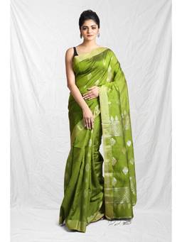 CHARUKRITI - Green Woven Cotton Blend Saree with Unstitched Blouse