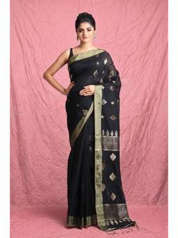 CHARUKRITI - Black Woven Cotton Blend Saree with Unstitched Blouse