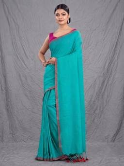 CHARUKRITI - Turquoise Woven Cotton Saree with Unstitched Blouse