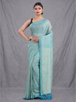 CHARUKRITI - Green Woven Cotton Saree with Unstitched Blouse