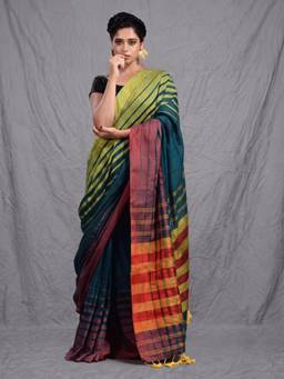 CHARUKRITI - Teal Woven Cotton Saree with Unstitched Blouse