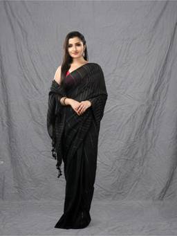 CHARUKRITI - Black Woven Cotton Saree with Unstitched Blouse