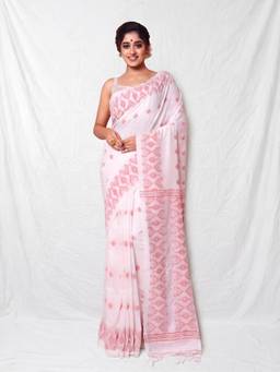 CHARUKRITI - White Woven Cotton Saree with Unstitched Blouse
