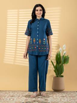 Readiprint - Blue Embroidered Pure Cotton Shirt and Palazzo