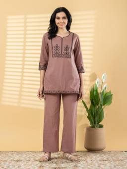 Readiprint - Mauve Embroidered Pure Cotton Tunic and Palazzo