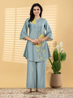 Readiprint - Green Embroidered Silk Tunic and Palazzo