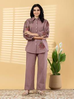 Readiprint - Mauve Embroidered Pure Cotton Shirt and Palazzo