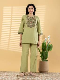 Readiprint - Green Embroidered Pure Cotton Tunic and Palazzo