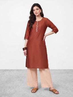 R&B - Rust Embroidered Viscose Blend Kurta