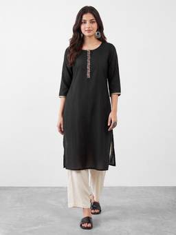 R&B - Black Embroidered Viscose Blend Kurta