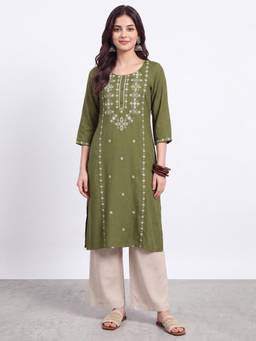 R&B - Olive Embroidered Viscose Kurta