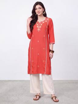 R&B - Coral Embroidered Viscose Kurta