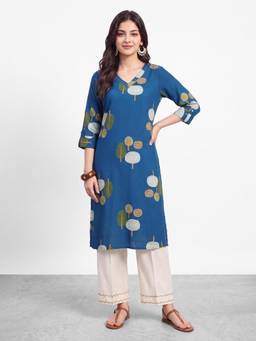 R&B - Teal Floral Viscose Kurta