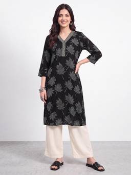 R&B - Black Floral Viscose Kurta