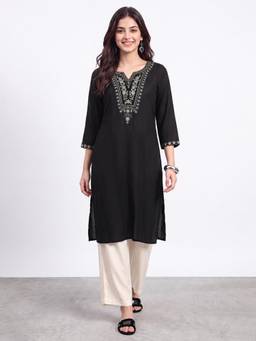 R&B - Black Embroidered Viscose Kurta