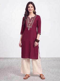 R&B - Maroon Embroidered Viscose Kurta