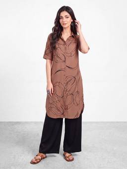 R&B - Brown Floral Cotton Kurta