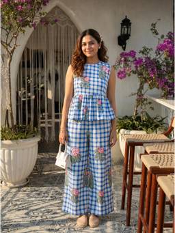 Vastara TheLabel - Blue Checks Cotton Tunic and Palazzo