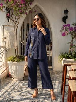Vastara TheLabel - Navy Blue Embroidered Cotton Shirt and Pant