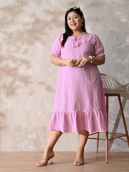 Desi Noor - Pink Checks Cotton Dress