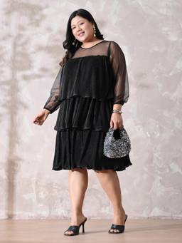 Desi Noor - Black Textured Cotton Satin Dress