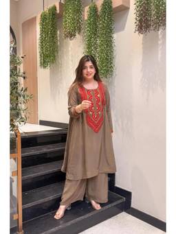 Tankori - Brown Embroidered Crepe Kurta and Palazzo