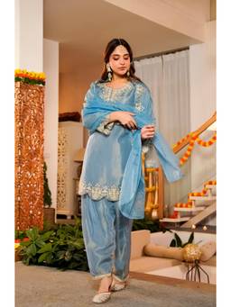 Tankori - Blue Embroidered Satin Kurta with Salwar and Dupatta