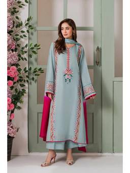 Tankori - Blue Embroidered Crepe Kurta with Pant and Dupatta