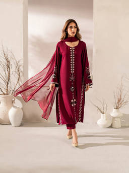 Tankori - Maroon Embroidered Chanderi Silk Kurta with Pant and Dupatta