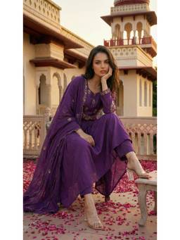 Tankori - Purple Floral Chanderi Silk Kurta with Pant and Dupatta