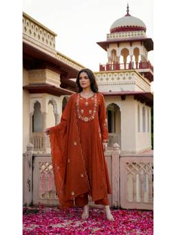 Tankori - Orange Floral Chanderi Silk Kurta with Pant and Dupatta
