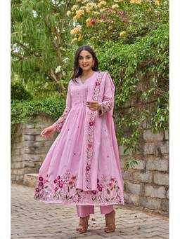 Tankori - Pink Floral Chanderi Silk Kurta with Pant and Dupatta