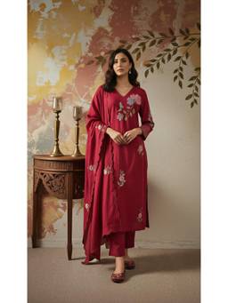 Tankori - Red Floral Chanderi Silk Kurta with Pant and Dupatta