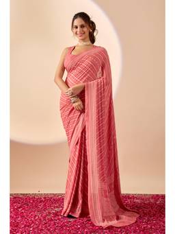 RACHNA - Coral Printed Satin Pre-Draped Saree with Unstitched Blouse