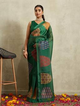 RACHNA - Green Abstract Chiffon Pre-Draped Saree with Unstitched Blouse