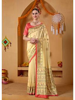 RACHNA - White Printed Art Silk Pre-Draped Saree with Unstitched Blouse