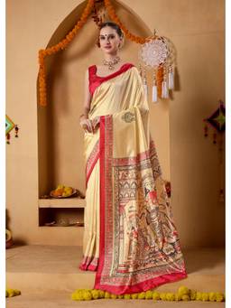RACHNA - Cream Printed Art Silk Pre-Draped Saree with Unstitched Blouse