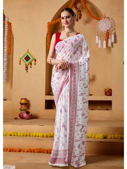 RACHNA - White Floral Georgette Pre-Draped Saree with Unstitched Blouse