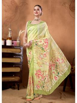 RACHNA - Green Floral Organza Pre-Draped Saree with Unstitched Blouse