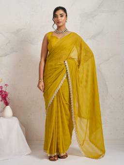 RACHNA - Yellow Stripes Cotton Silk Pre-Draped Saree with Unstitched Blouse