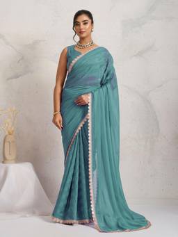 RACHNA - Blue Stripes Cotton Silk Pre-Draped Saree with Unstitched Blouse