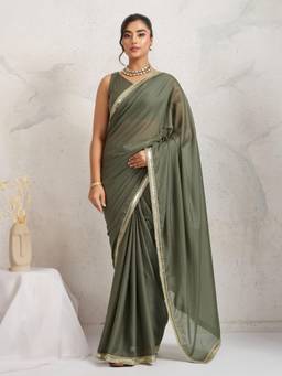 RACHNA - Green Printed Georgette Pre-Draped Saree with Unstitched Blouse