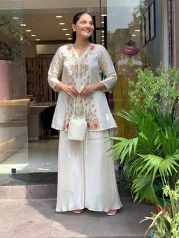 Tankori - Off White Floral Silk Blend Kurta and Palazzo