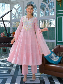 Tankori - Pink Embroidered Cotton Silk Kurta with Pant and Dupatta