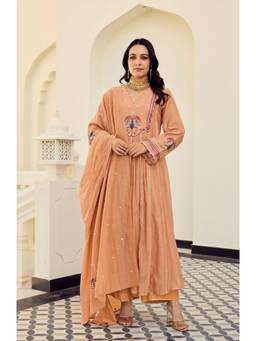Tankori - Orange Embroidered Chanderi Silk Kurta with Pant and Dupatta