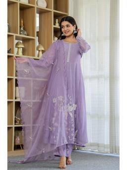 Tankori - Lavender Floral Chanderi Silk Kurta with Pant and Dupatta