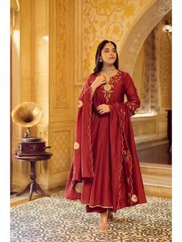 Tankori - Rust Floral Chanderi Silk Kurta with Palazzo and Dupatta