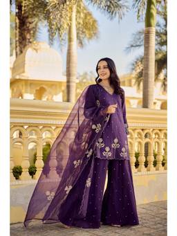 Tankori - Purple Floral Chanderi Silk Kurta with Palazzo and Dupatta