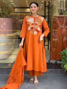 Tankori - Orange Embroidered Chanderi Silk Kurta with Pant and Dupatta